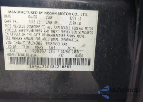 2008 Nissan Altima 2.5 S z USA, uszkodzony, nr VIN 1N4AL21E38C246865